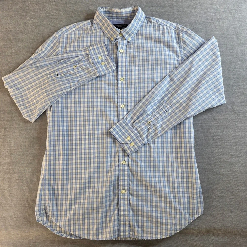 Banana Republic Men's L Blue Plaid Shirt Quiet Luxury Coastal‎ Soft Wash Button